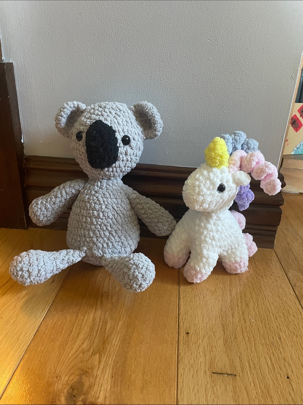 Handmade crochet koala and unicorn